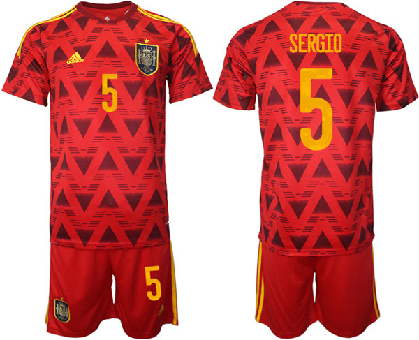 Men's Spain #5 Sergio Red Home Soccer Jersey Suit